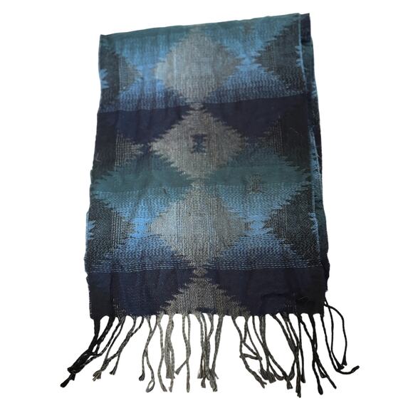 Calrose Woven Scarf Blue Teal Argyle Fringe 62” Made in Italy - Picture 2 of 4